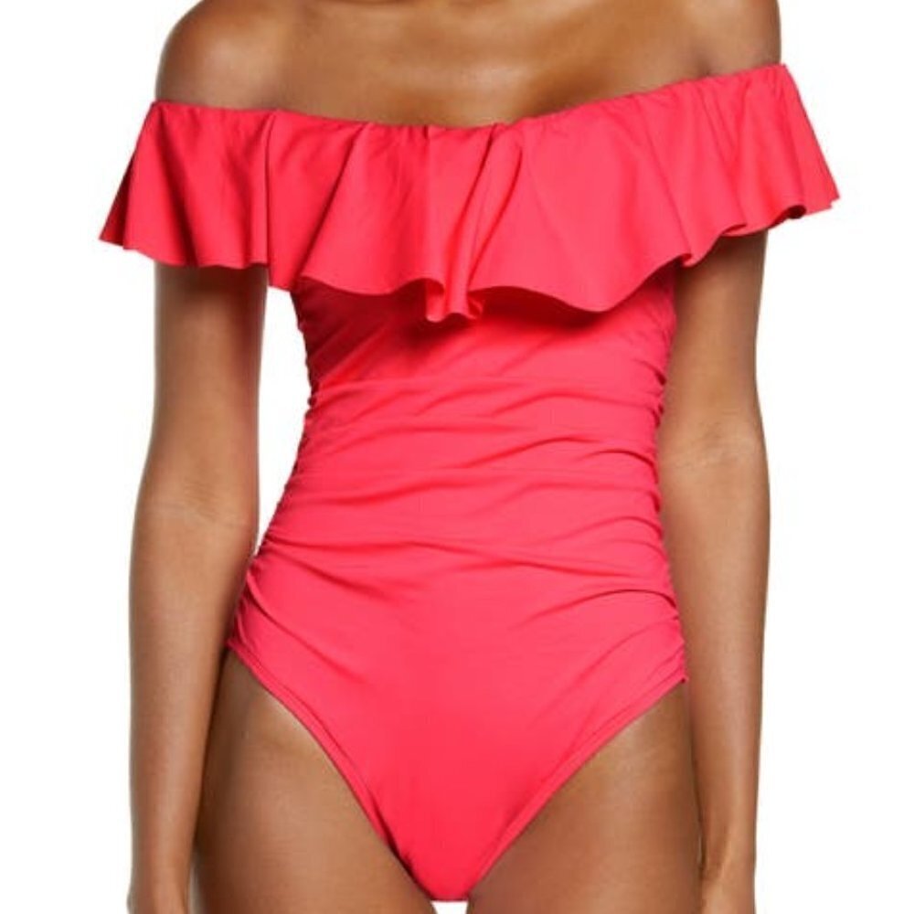 CHELSEA28 One Piece Swimsuit Women's size L Red Off the Shoulder Ruffle NWT's